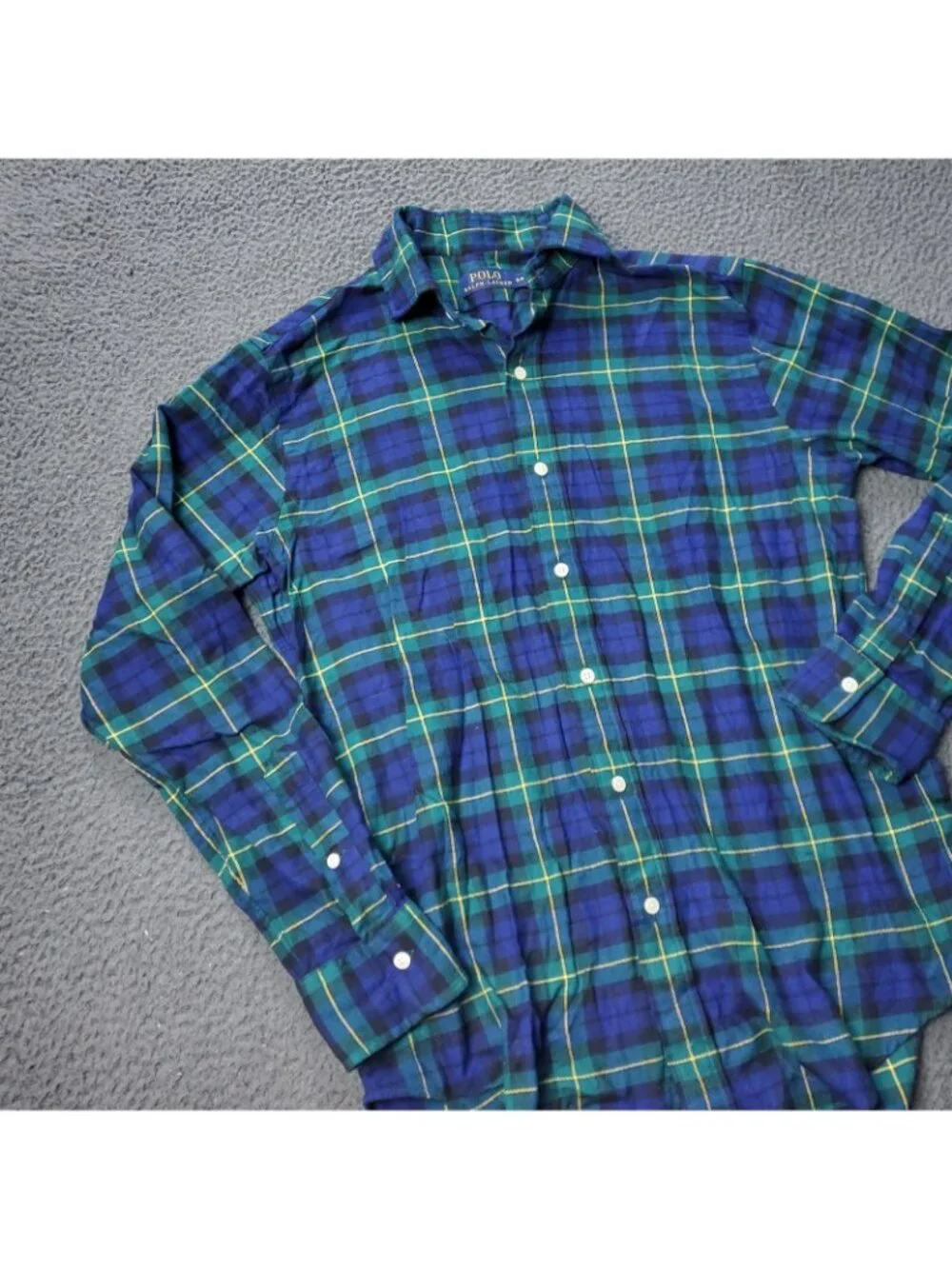 Polo Ralph Lauren Shirt Mens S Small Petite Sleep Button Plaid Blue Green Pajama